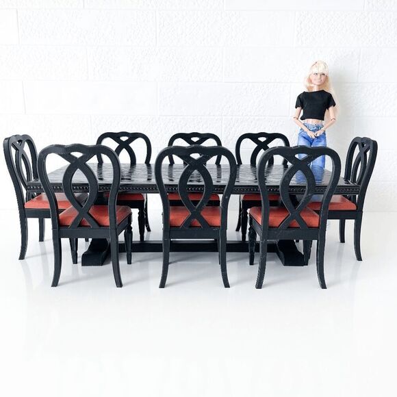 One-of-a-Kind Miniature Oak Wood Dining Trestle Table & 8 Chair Set 1:6 Scale - Picture 1 of 14